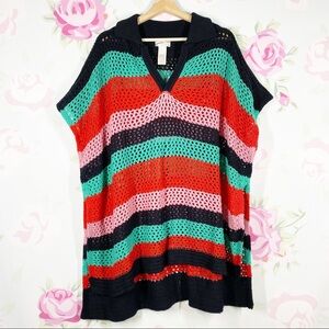 NEW Free People Bayside Stripe Black Combo Crochet Summer Beach Knit Poncho OS